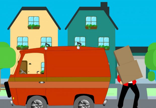 Animated man carrying a box, next to his van and new home.